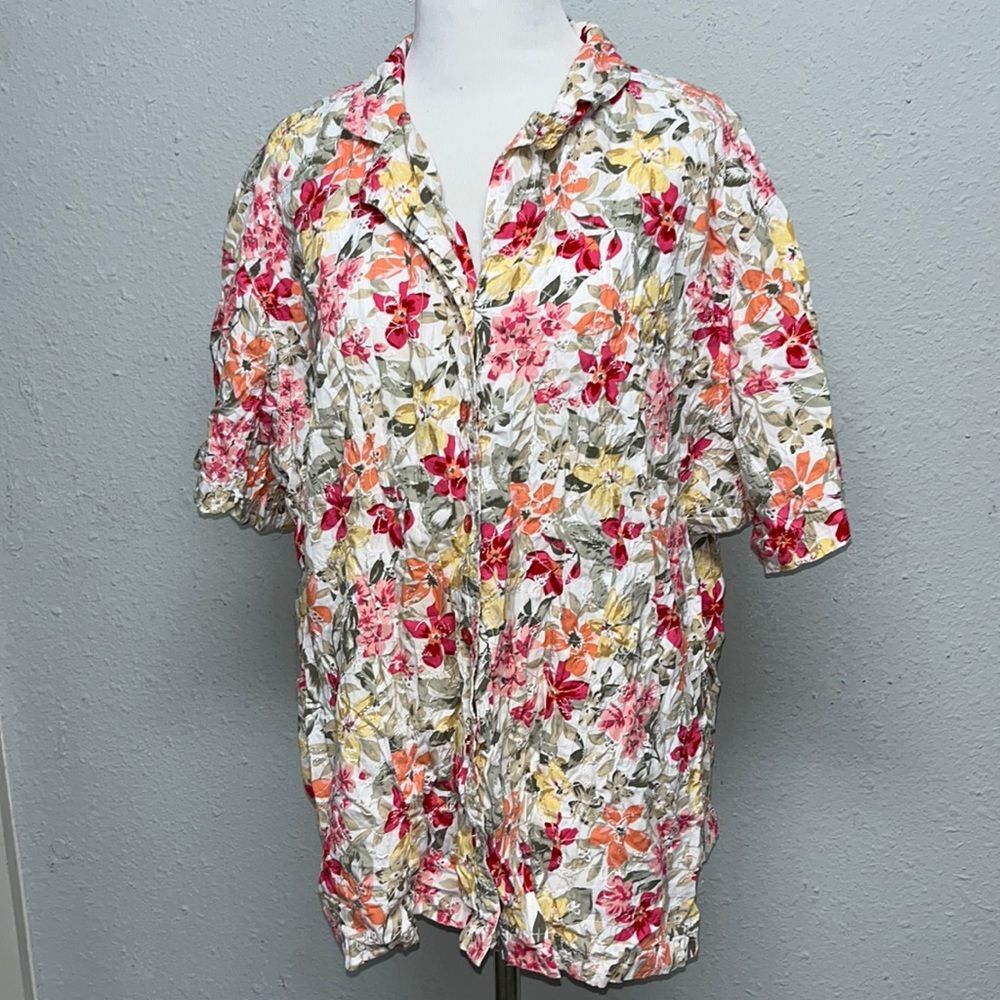 Vintage Floral Print Embroidered Button Down Top Plus Size 22W/24W 100% Cotton!